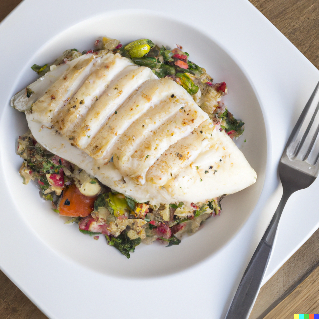 Flaked Pacific cod over quinoa salad with fresh vegetables and lemon dressing