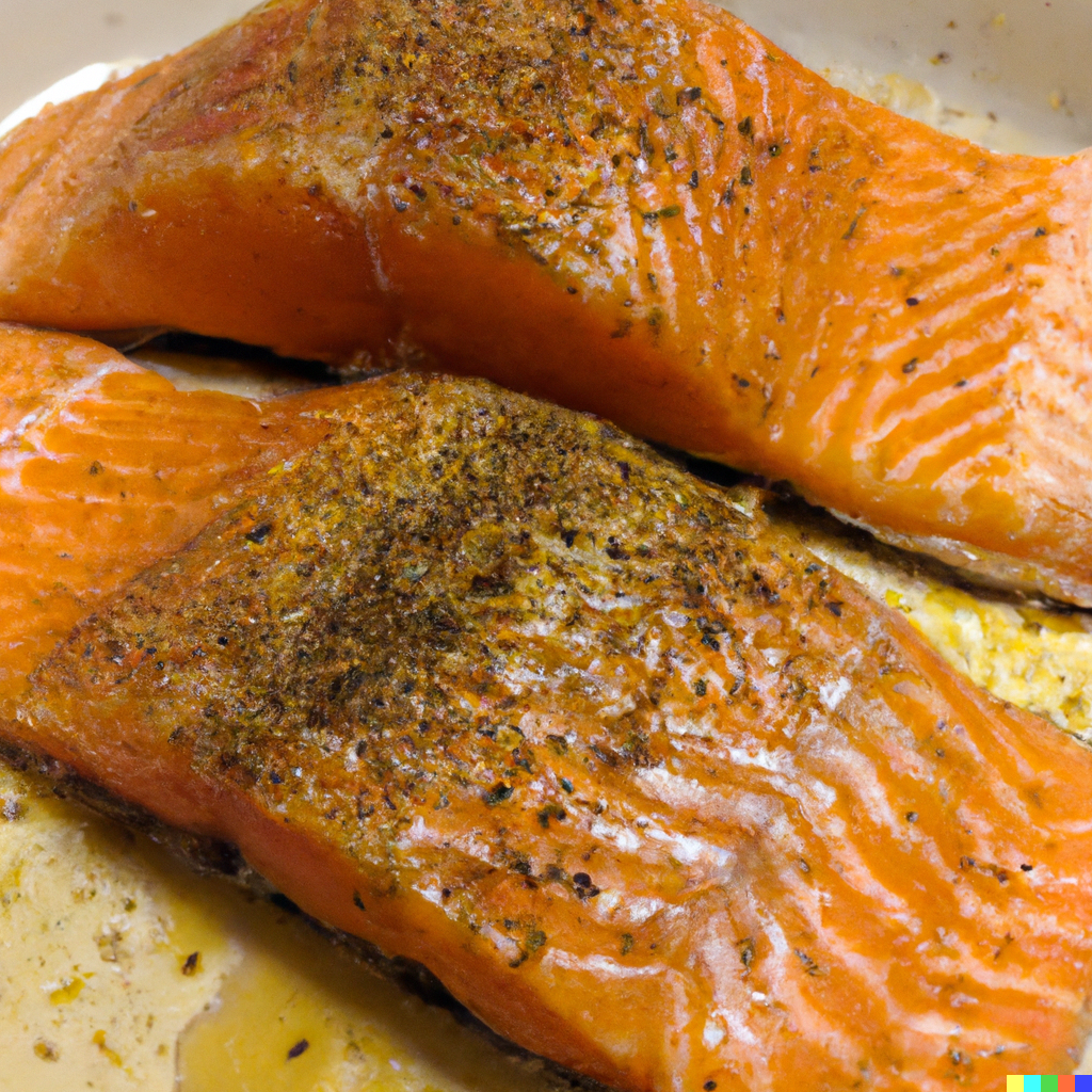 Freshly cooked silver salmon fillets on a white platter garnished with lemon slices and fresh dill