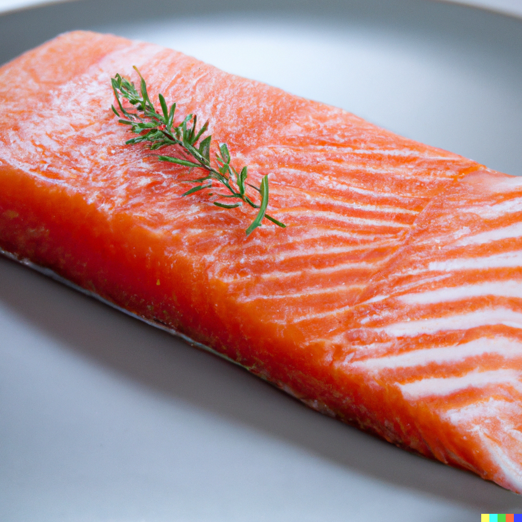 Fresh wild Alaskan Silver Coho salmon fillet on a plate with lemon slices and fresh herbs, showing its bright orange flesh