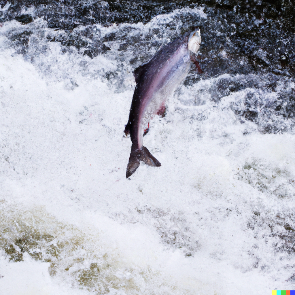 Silver salmon jumping in the river