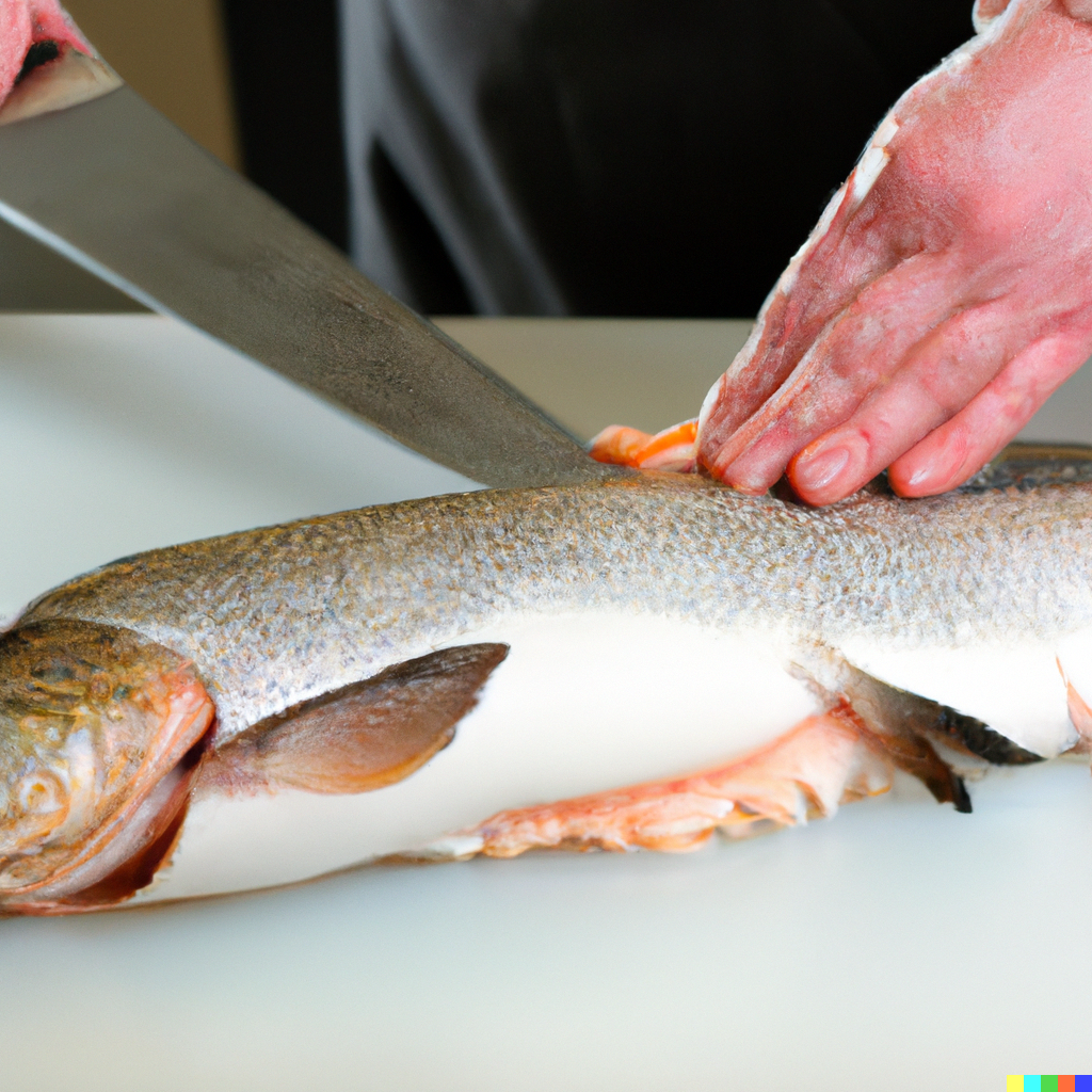 Home chef using a fillet knife to slice along the backbone of a whole silver salmon on a cutting board