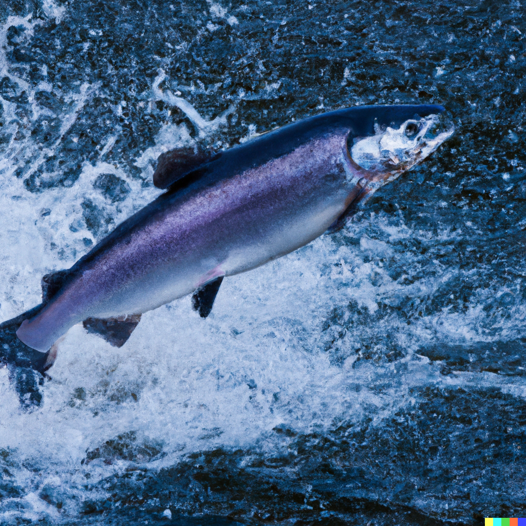 Angler catching a silver salmon (Coho) leaping out of a river during peak migration season