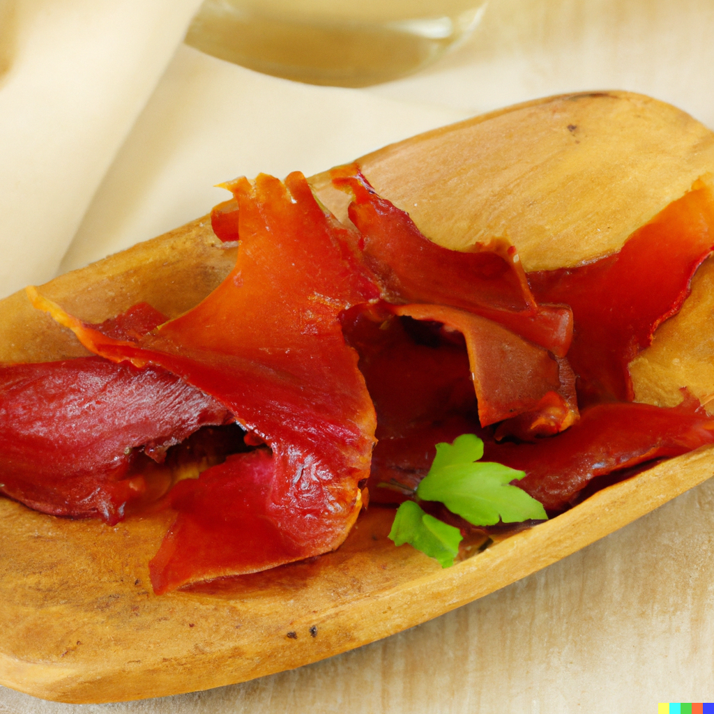 Homemade silver salmon jerky strips on a wooden board, a high-protein wild-caught snack