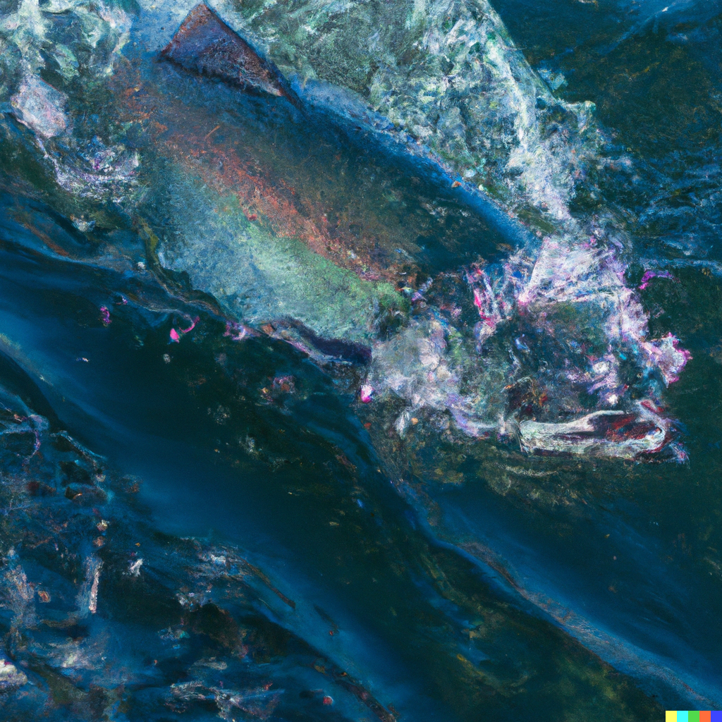 King salmon (Chinook) jumping in a clear Alaskan river during the summer salmon run, with forested mountains in the background