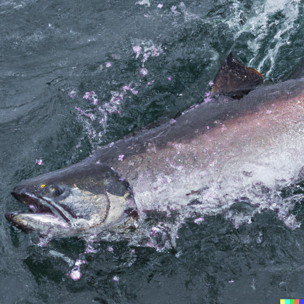 Angler fishing for King Salmon from a rocky shoreline with a river mouth in the background during peak salmon run season