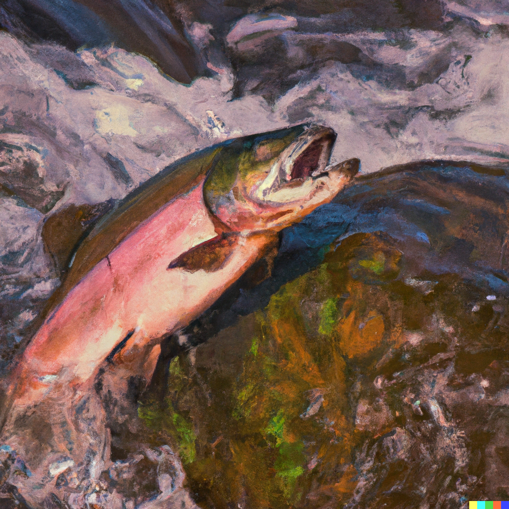 Wild King Salmon (Chinook) leaping out of an Alaskan river during upstream spawning migration, showing its large silver body