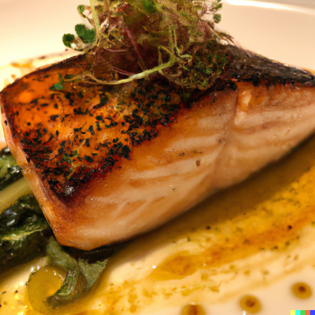 Perfectly pan-seared King Salmon fillet with crispy skin served with lemon and herbs on a plate