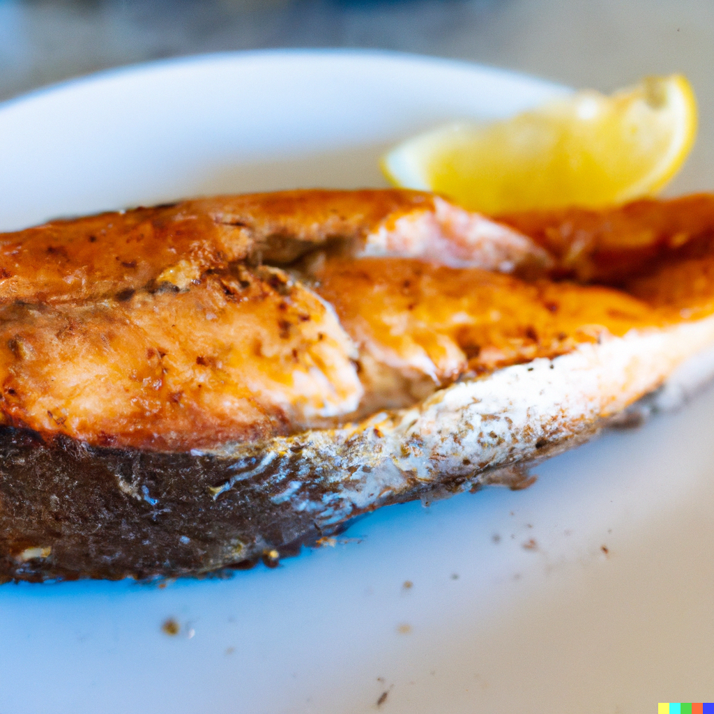 Freshly grilled wild Chinook King Salmon fillet on a plate showing the rich orange flesh and crispy skin