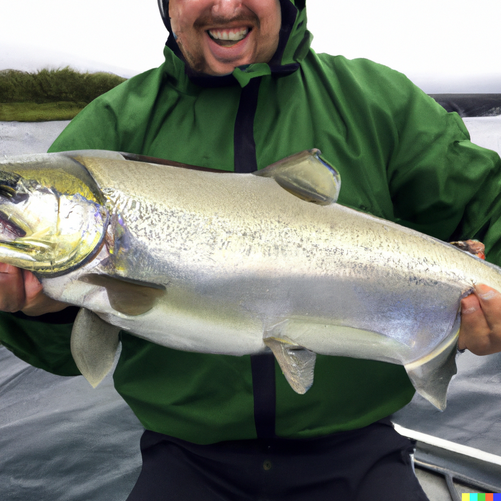 Angler holding a massive king salmon caught on the Kenai River in Alaska