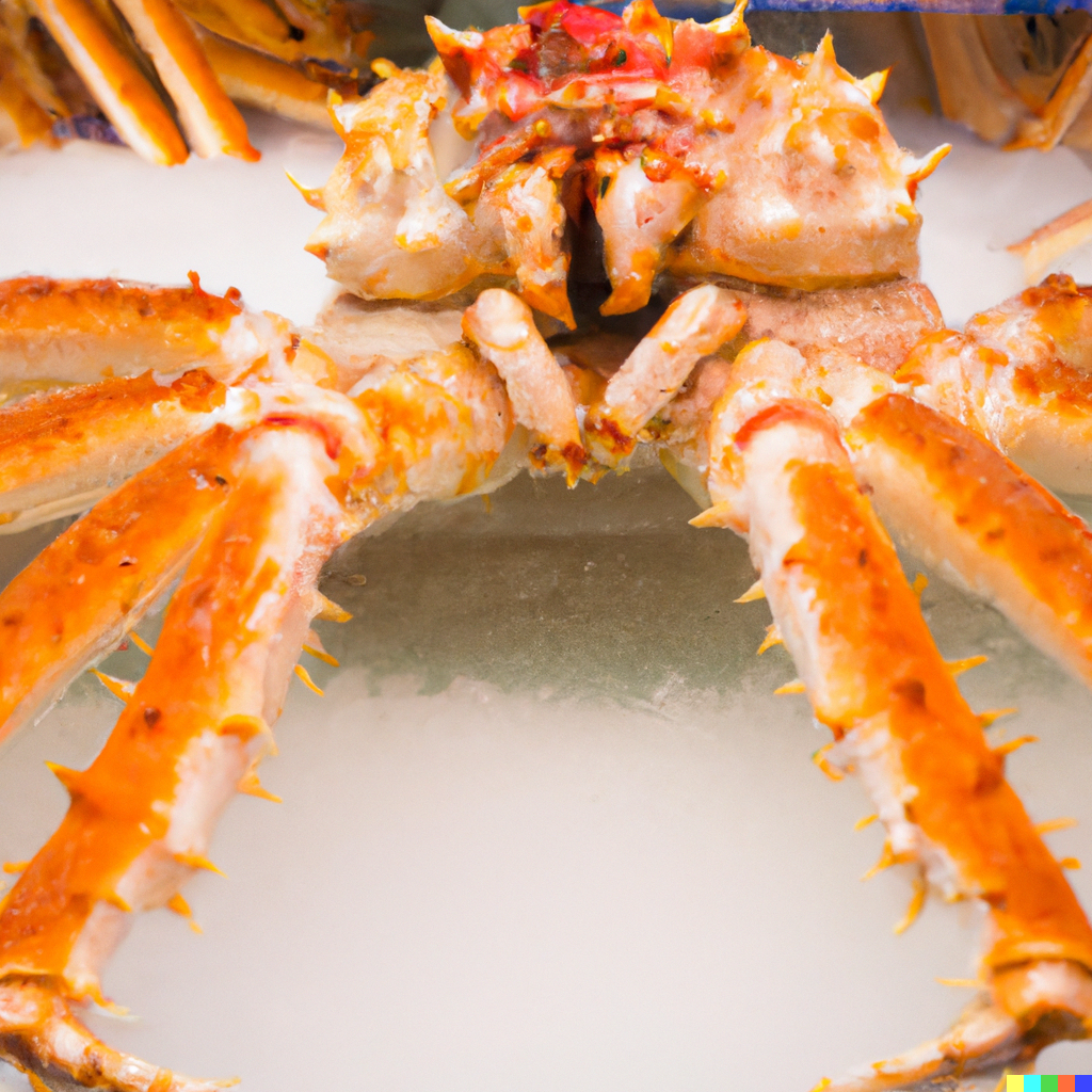 Live king crab being prepared for cooking with garlic butter, lemon, and fresh herbs on a kitchen counter