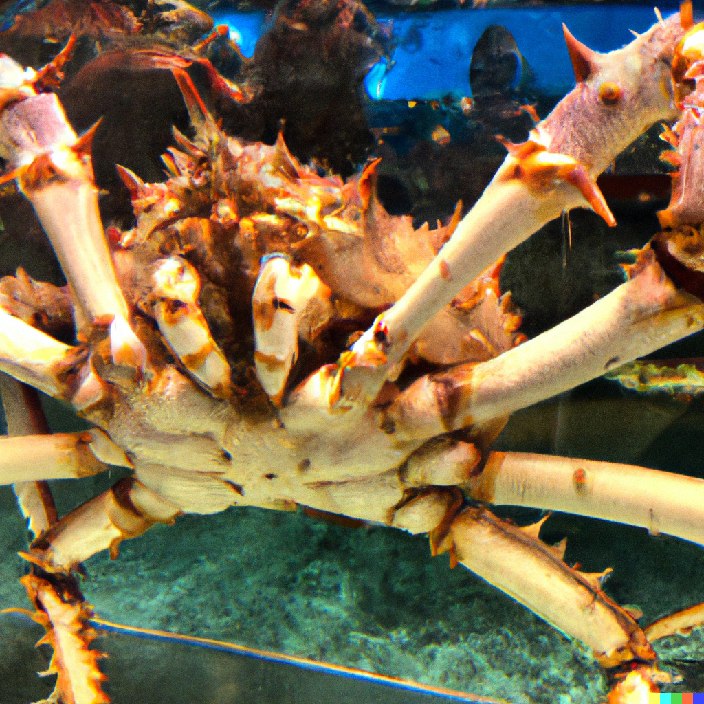 Live king crab in the ocean showing its claws, legs, and carapace in natural habitat