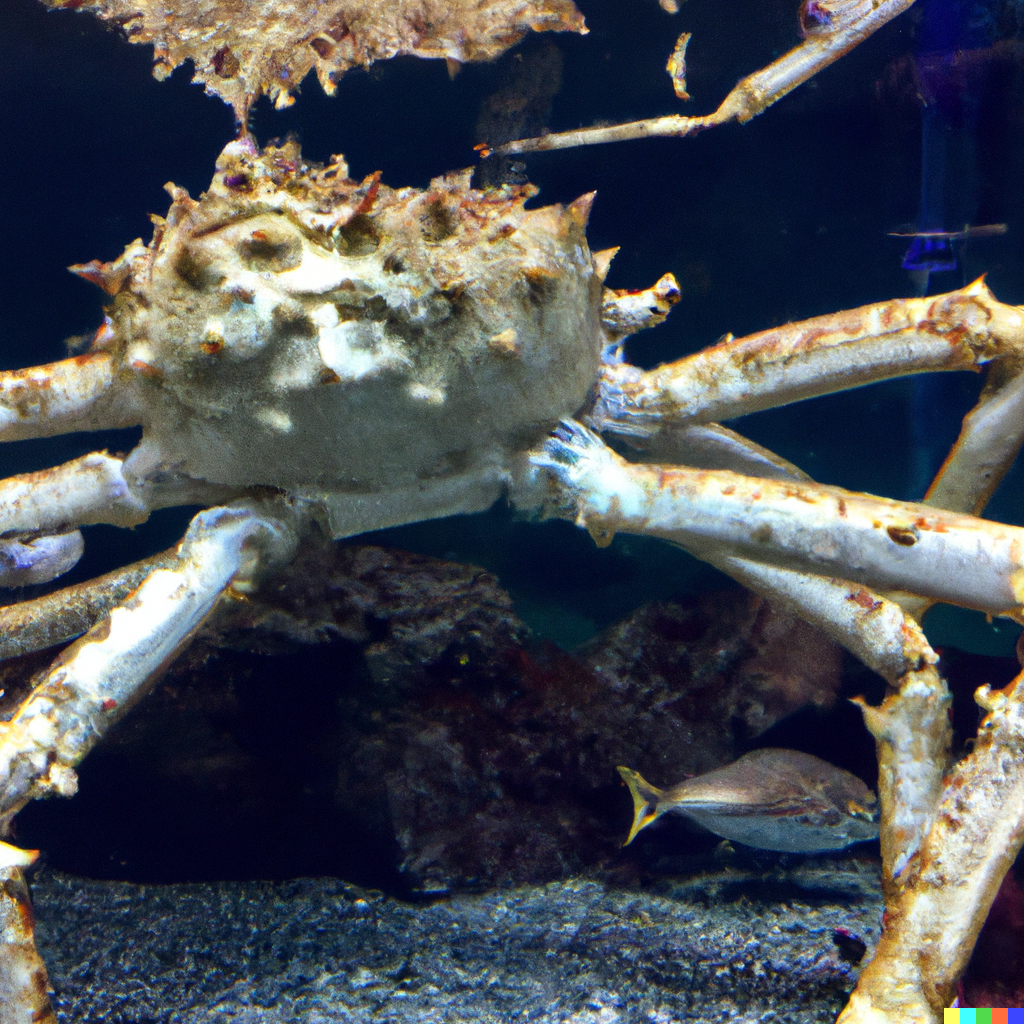 Live king crab in the ocean with its distinctive red shell and long legs