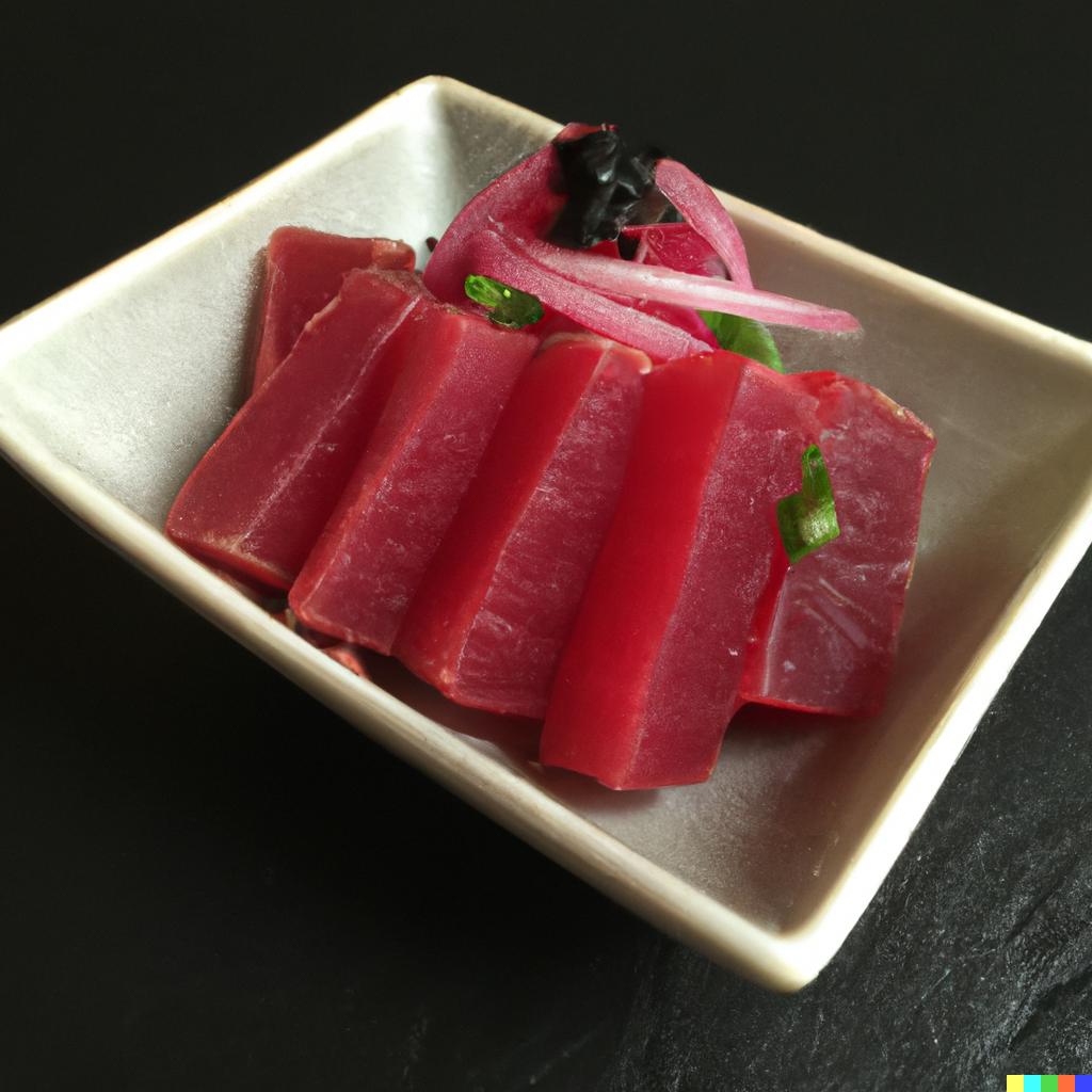 Sliced raw yellowfin ahi tuna prepared for sashimi with soy sauce, wasabi and pickled ginger