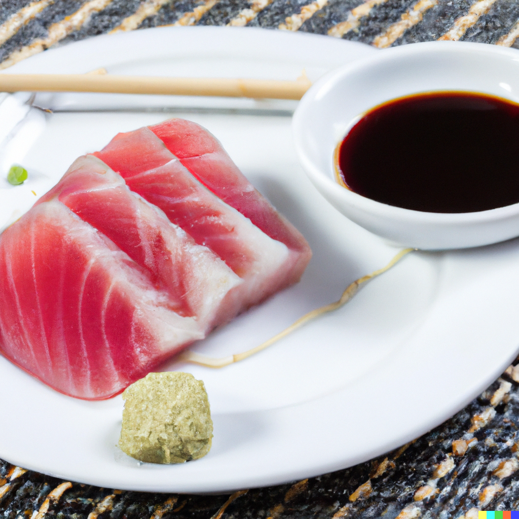 White tuna albacore sashimi slices on a plate with soy sauce, wasabi, and pickled ginger