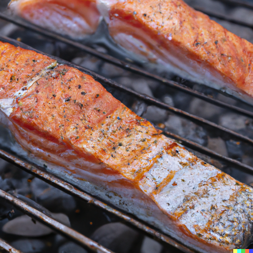Salmon belly strips sizzling on a grill with lemon slices and fresh herbs