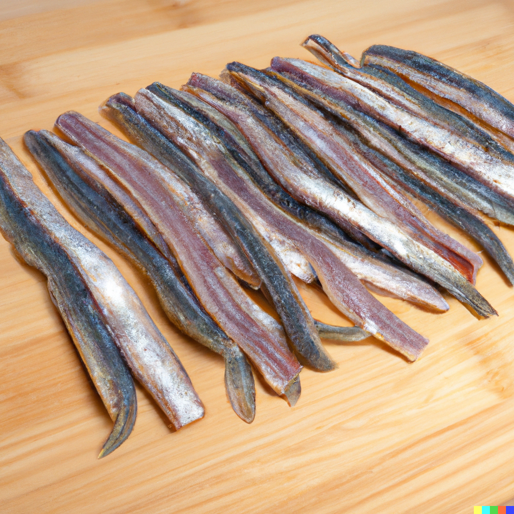 Anchovy fillets on a wooden cutting board with olive oil, garlic, and fresh herbs