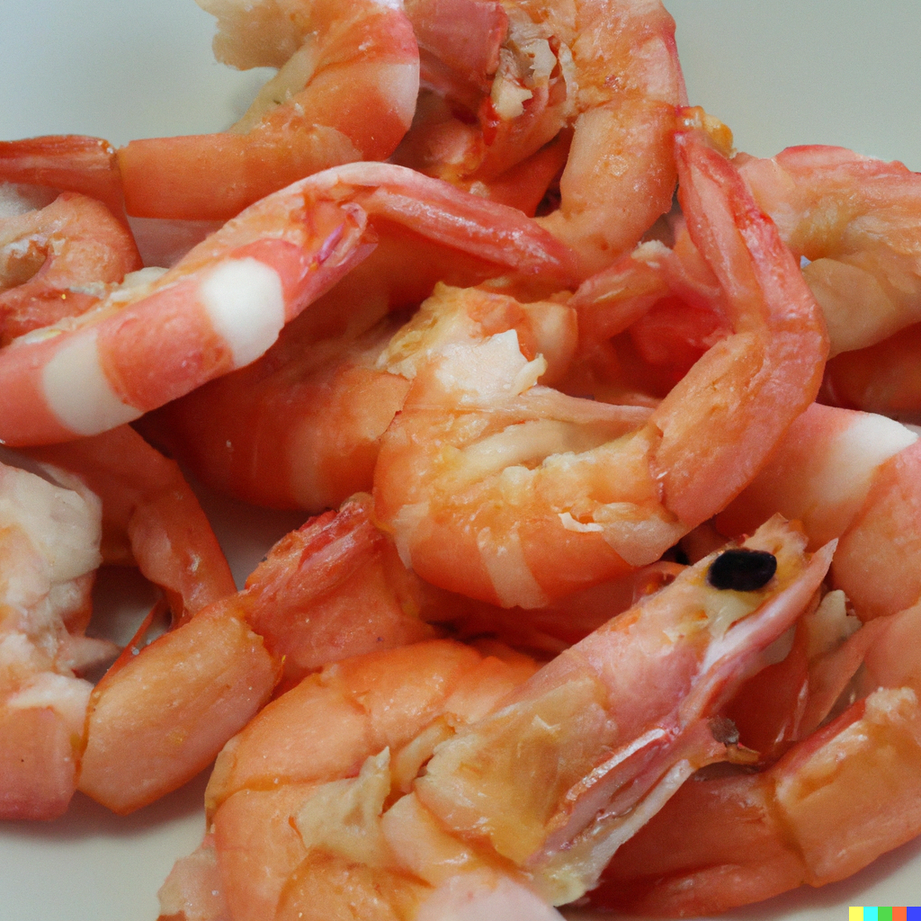Freshly cooked pink shrimp on skewers with lemon wedges and herbs on a wooden serving board
