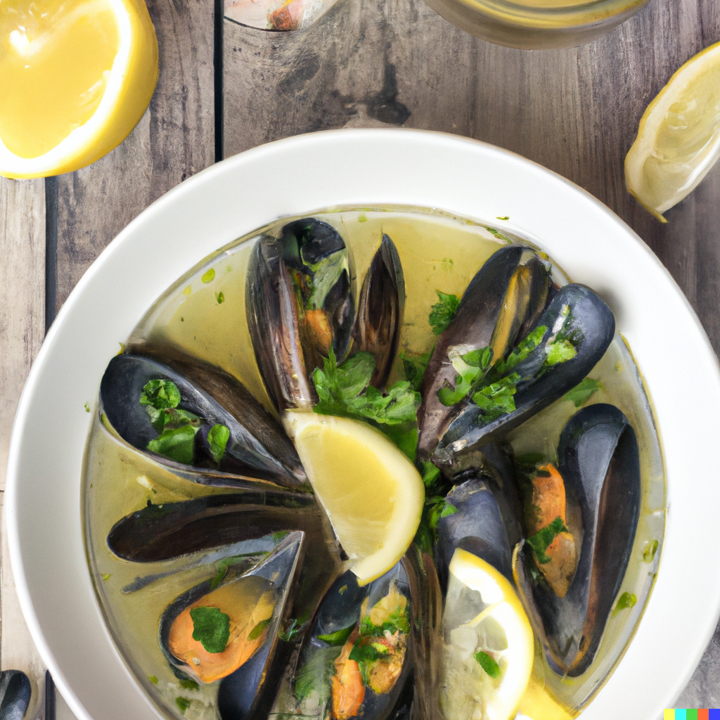 Freshly steamed Washington State farmed mussels served in a white wine and garlic broth with fresh herbs and lemon slices