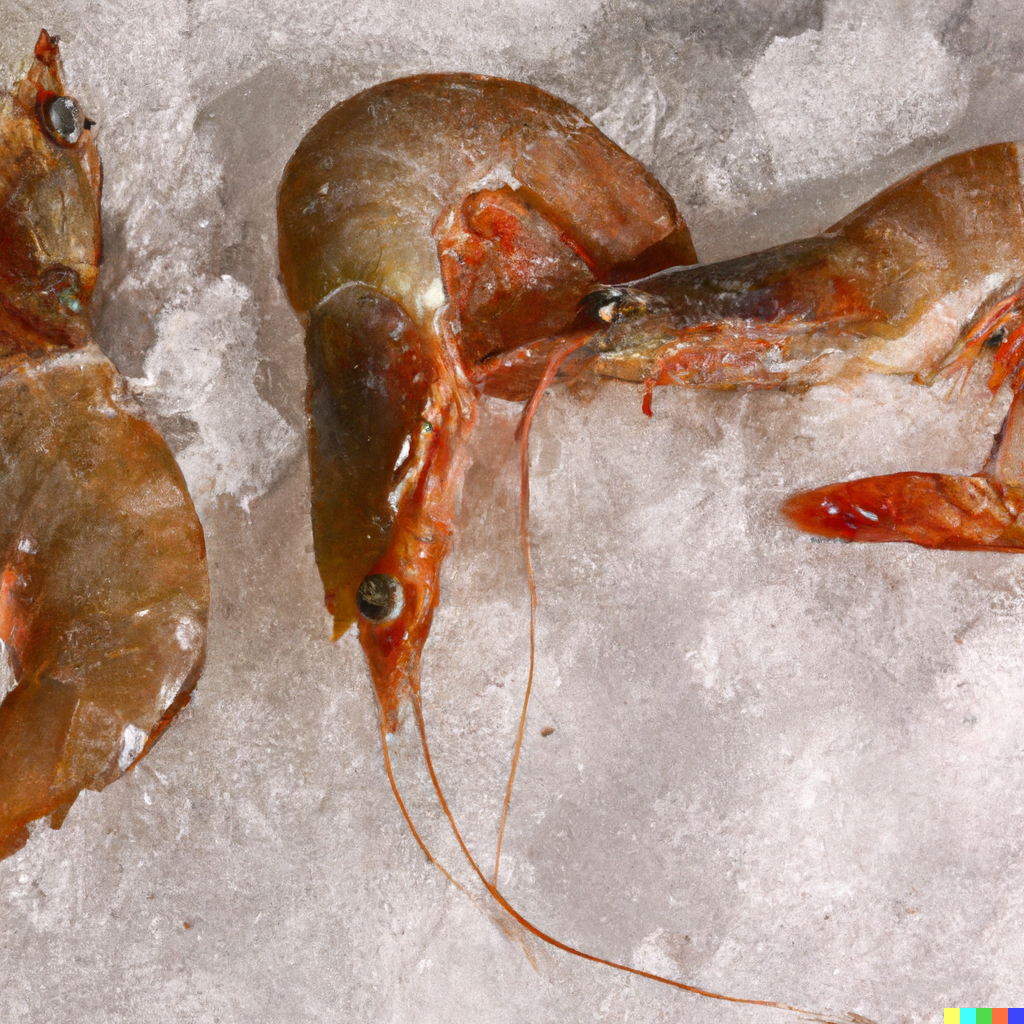 Fresh wild caught shrimp on a bed of ice with lemon wedges and fresh herbs