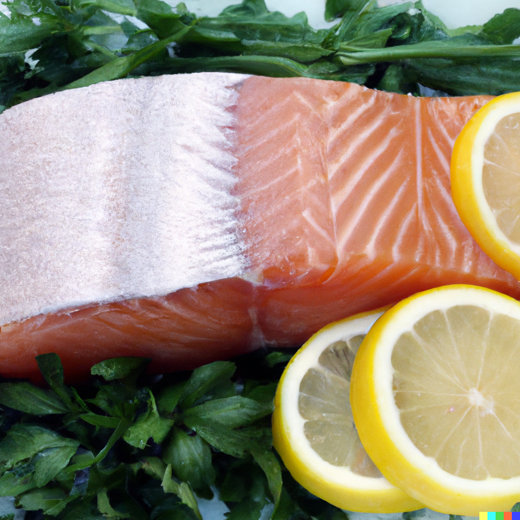 Fat salmon fillet on a bed of greens with lemon wedges