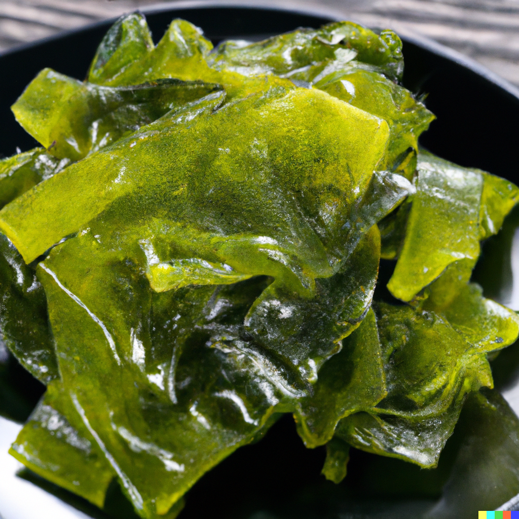 Assorted Japanese seaweed varieties – nori, wakame, kombu, and hijiki – displayed on a wooden board