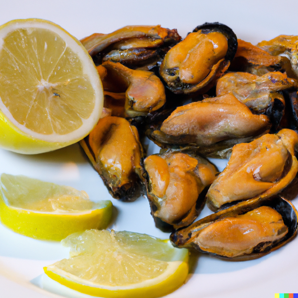 Smoked mussels on a plate with lemon wedges