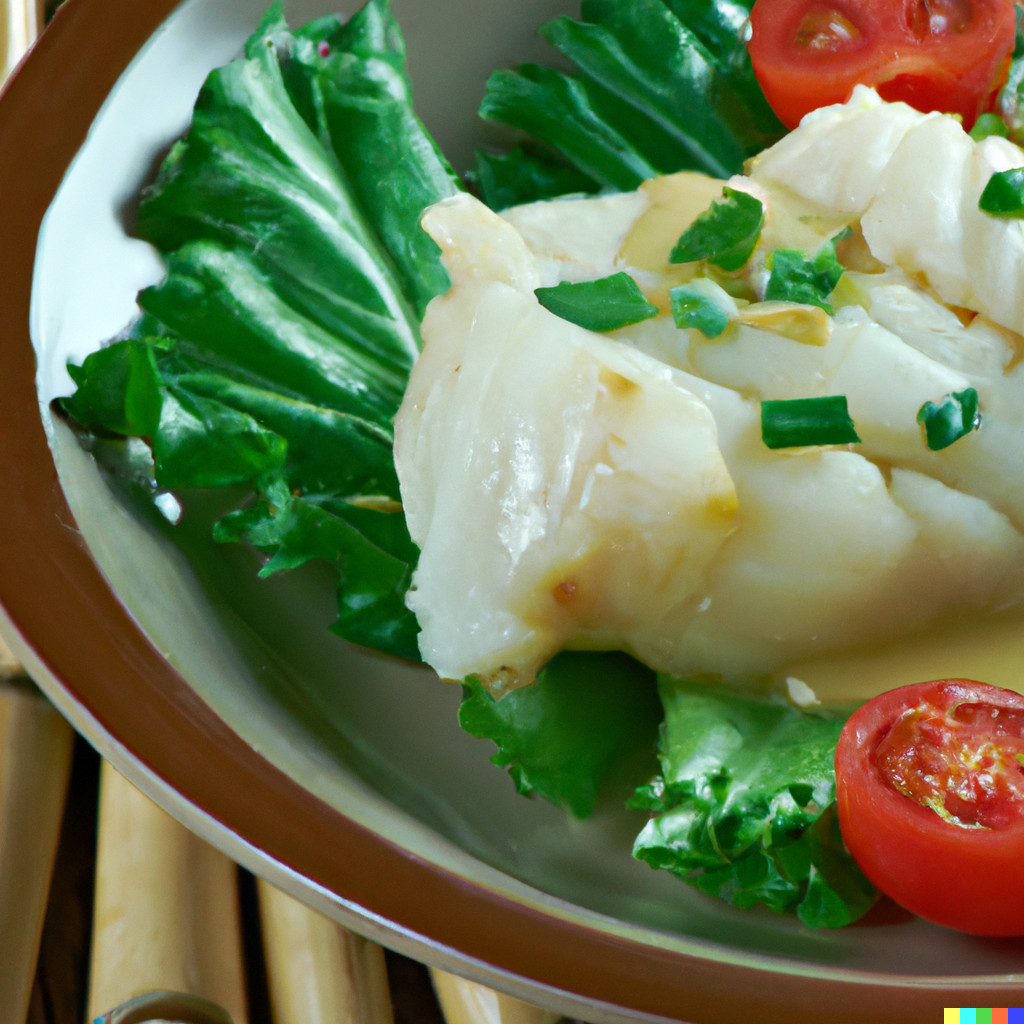 Pan-seared Alaskan halibut cheeks with golden crust, garlic butter sauce, and fresh herbs on a white plate