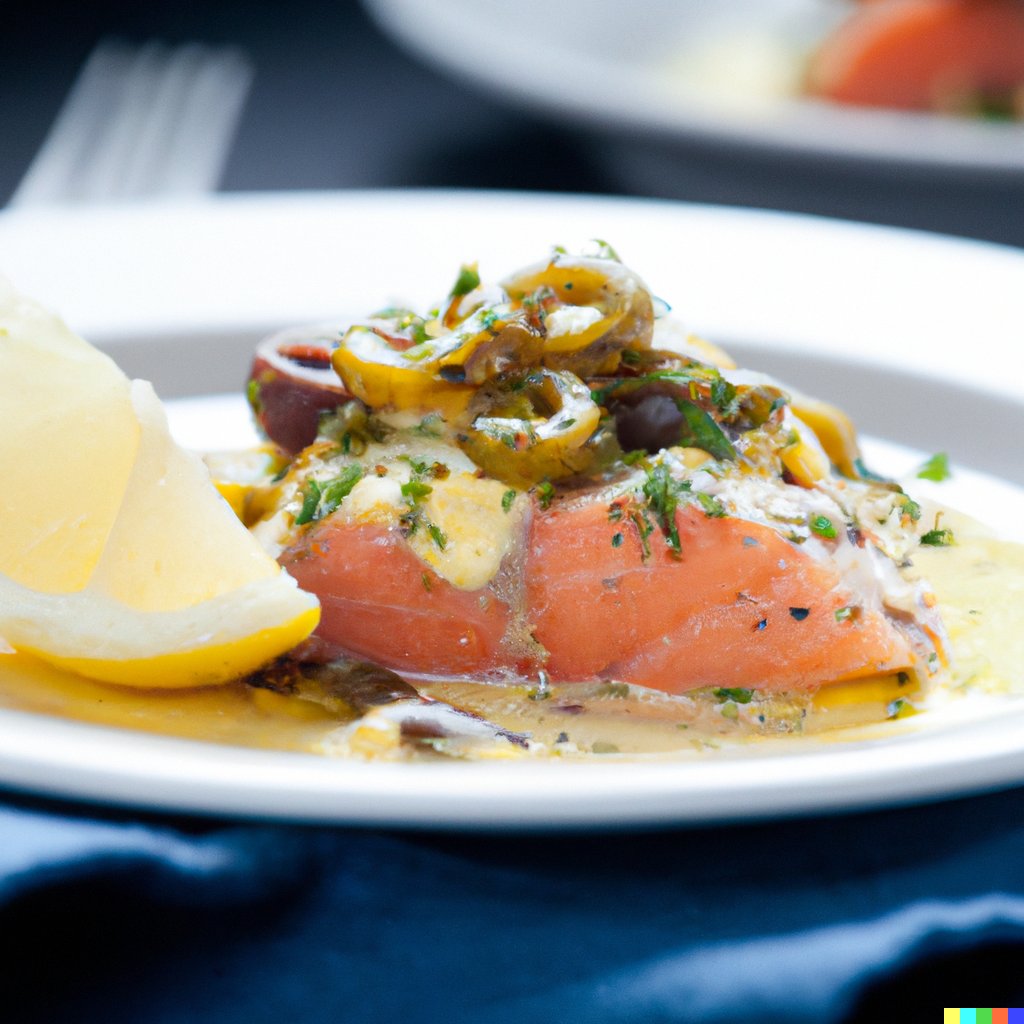 Pan-seared salmon piccata with lemon slices, capers, and fresh parsley