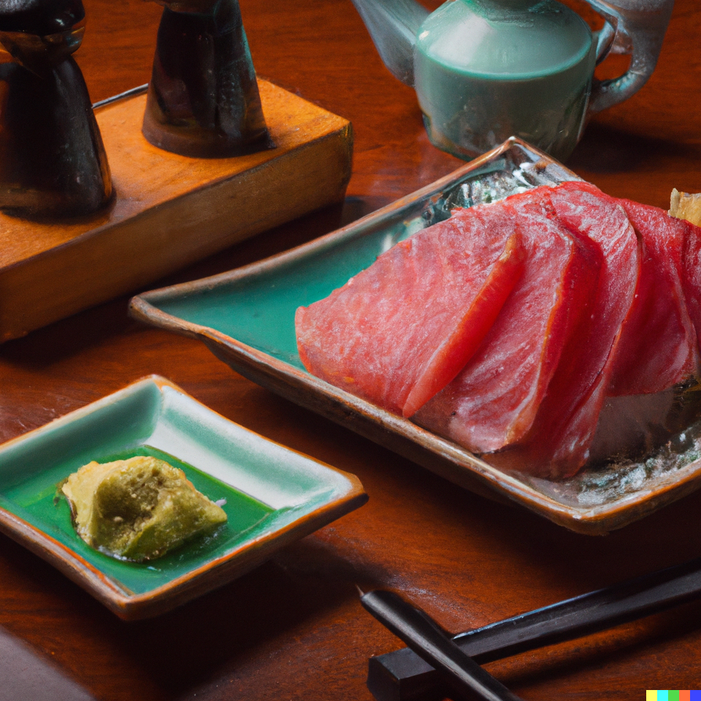 Sashimi tuna served on a platter with soy sauce and wasabi