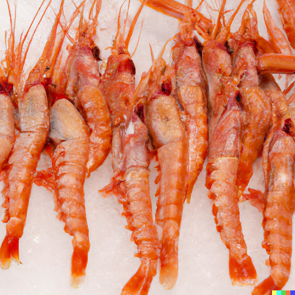 Whole shell-on spot prawns arranged in rows