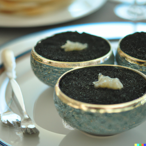 French caviar served in a tin on crushed ice with blinis and champagne in an elegant presentation
