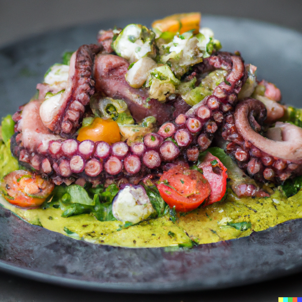 Mediterranean octopus salad with cherry tomatoes, cucumber, Kalamata olives, red onion, and fresh parsley in a white bowl