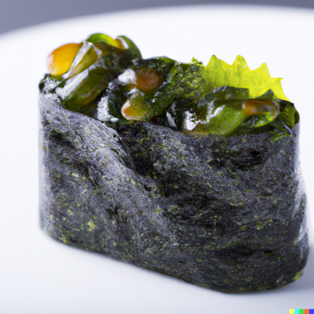 Kelp sushi rolls with avocado and cucumber on a wooden board