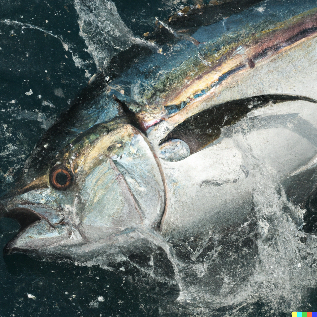 Massive 1500-pound Atlantic bluefin tuna being hauled aboard a fishing vessel in Nova Scotia