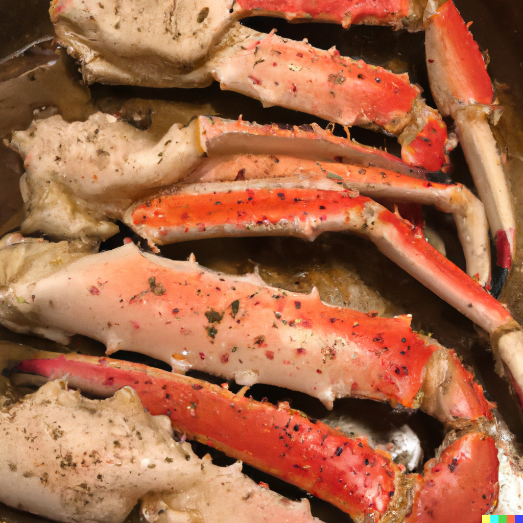 Baked crab legs on a foil-lined baking sheet with garlic butter, lemon slices, and fresh parsley