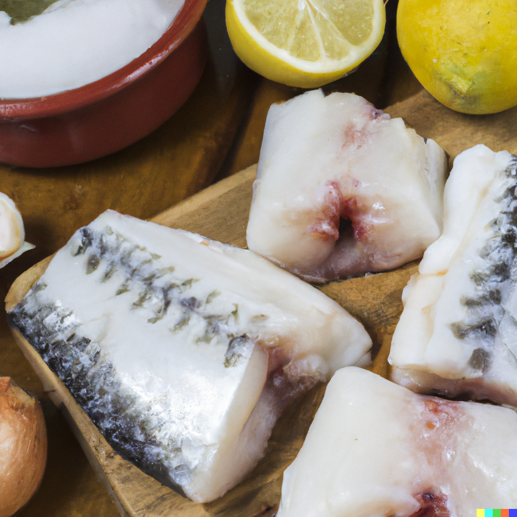 Salt cod fish (bacalao) – Pacific Cod fillets cured with coarse sea salt in a ceramic container, a centuries-old preservation technique used in Portuguese bacalhau, Spanish bacalao, and Caribbean saltfish dishes