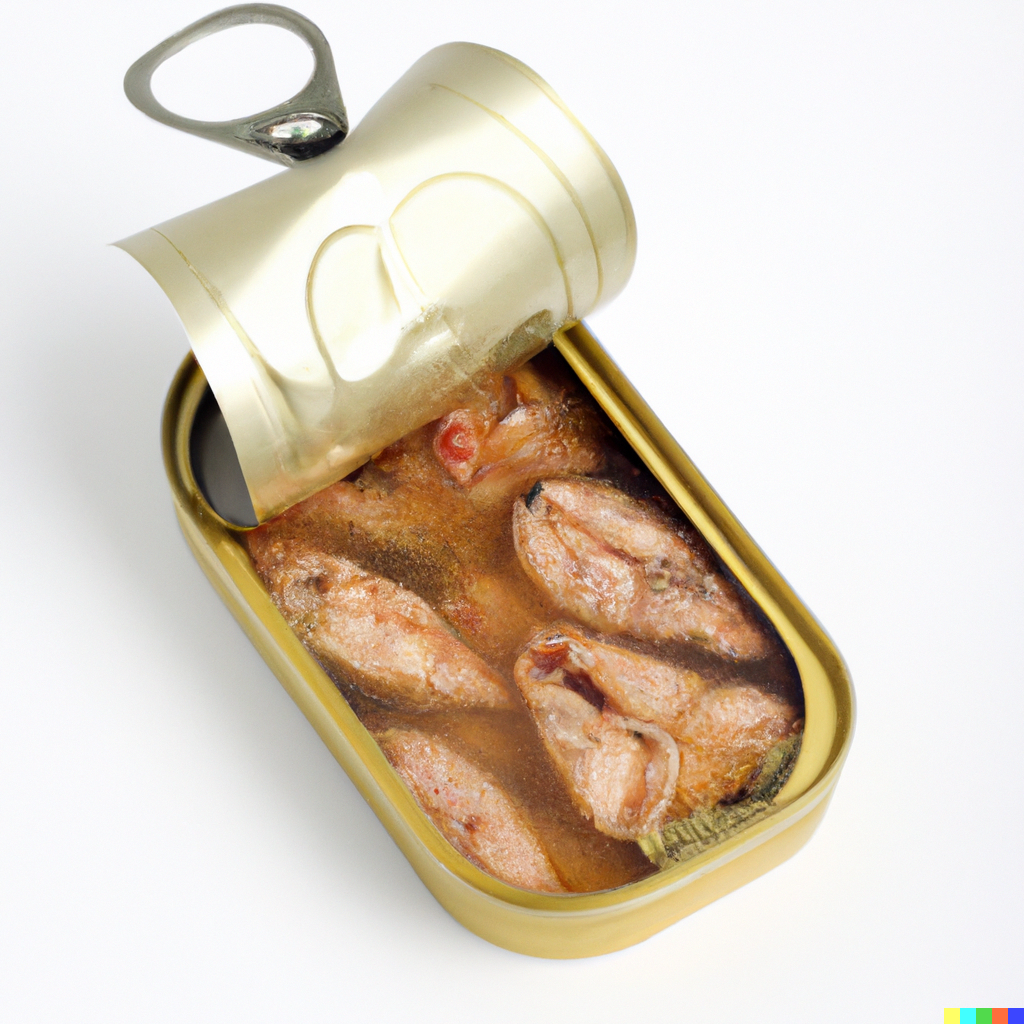 Assorted canned seafood including tuna, salmon, and crab on a kitchen counter with fresh herbs and lemon
