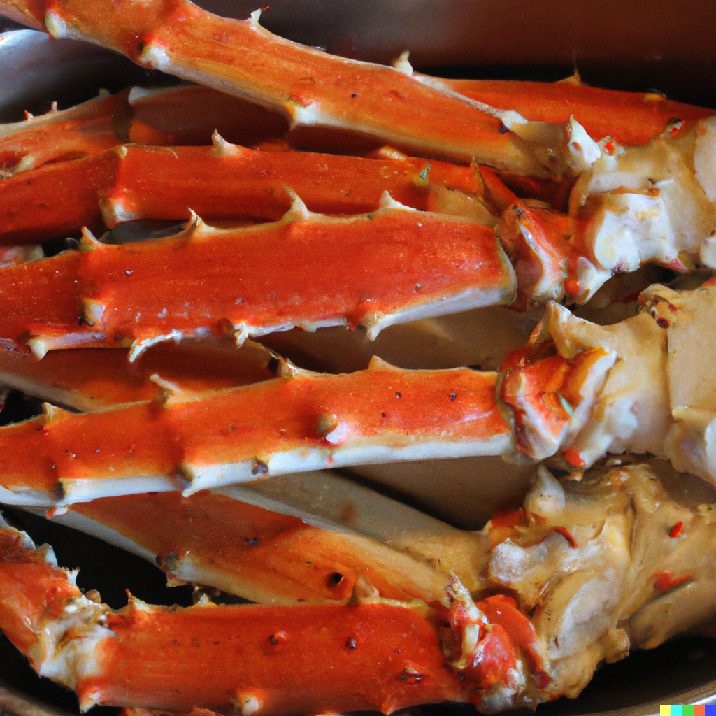 Golden oven-baked crab legs on a foil-lined baking sheet with garlic butter and lemon slices