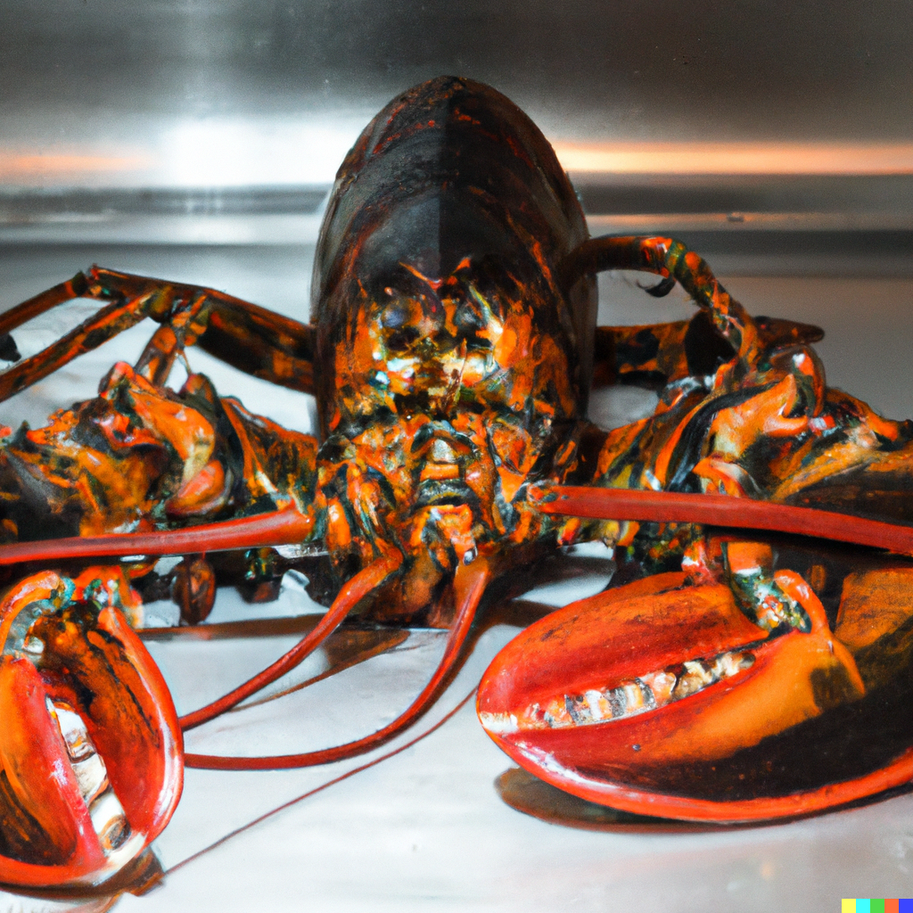 A massive Atlantic lobster with large crusher and pincer claws on a rocky ocean floor