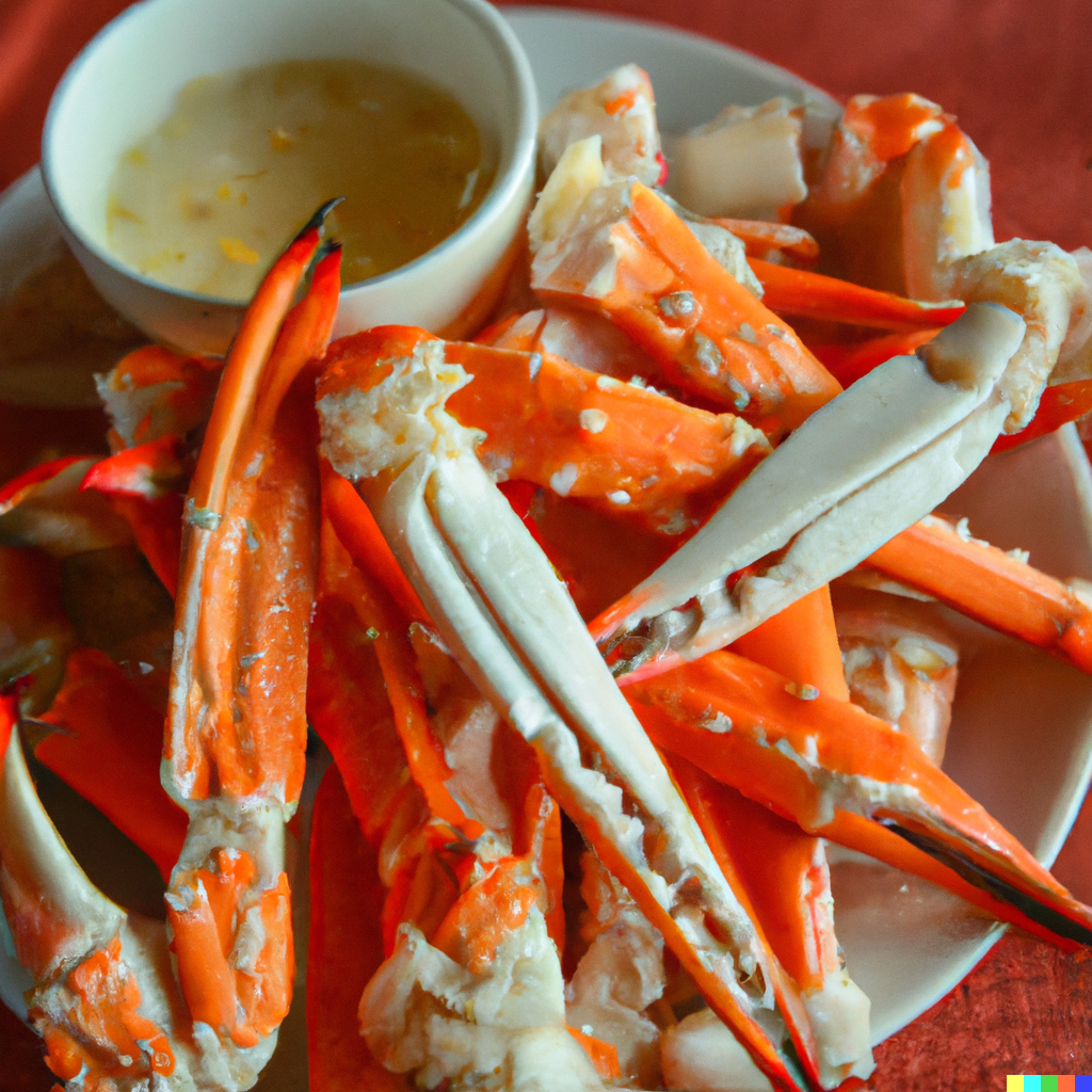 Steamed crab legs in a pot with lemon wedges and garlic butter dipping sauce
