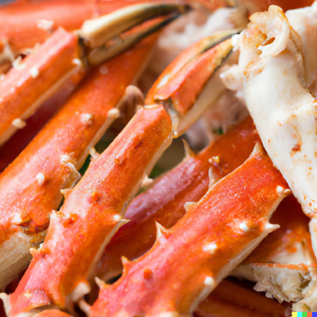 Grilled crab legs on a barbecue grill with garlic butter glaze and lemon wedges