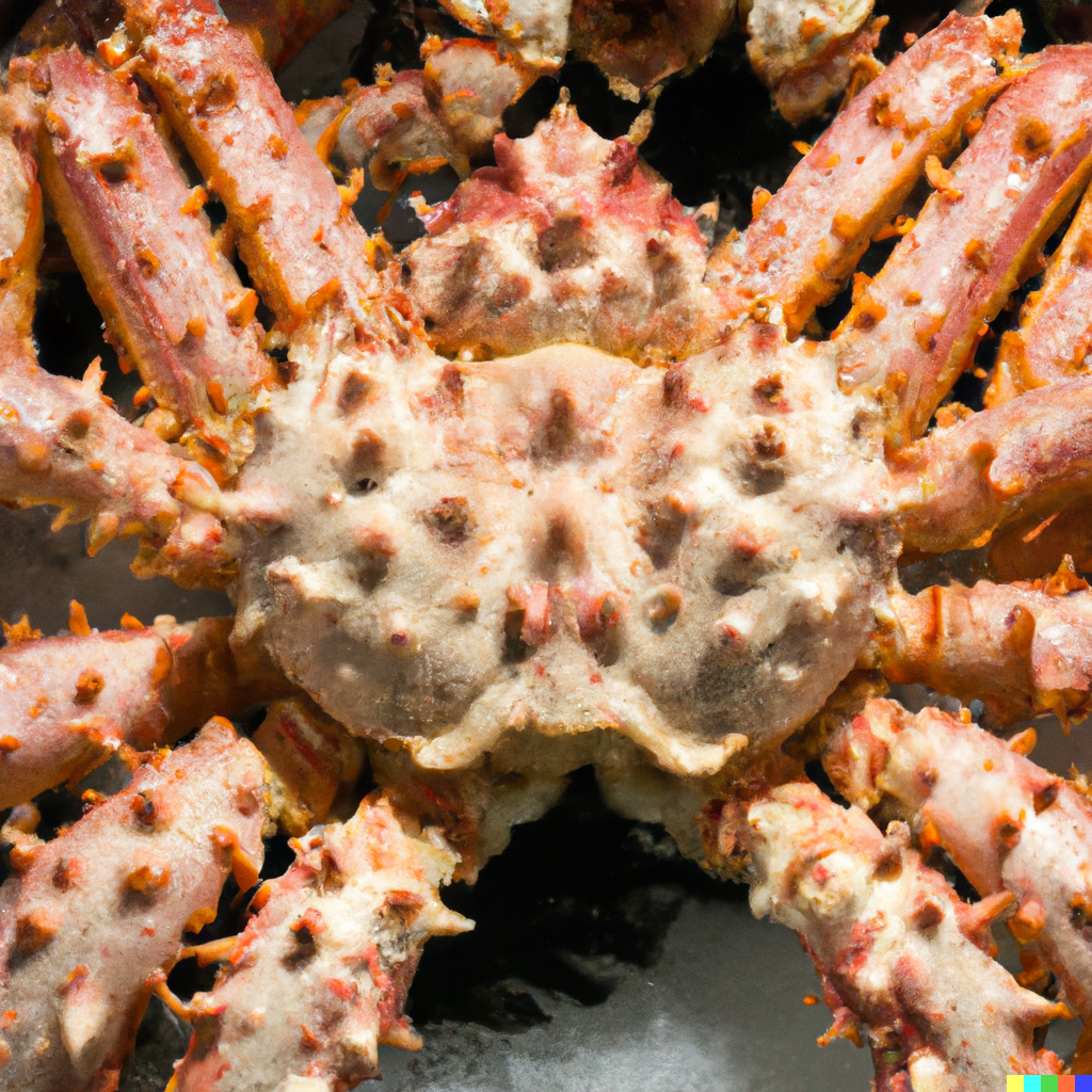 King crab legs being split with kitchen shears on a cutting board alongside drawn butter and lemon wedges