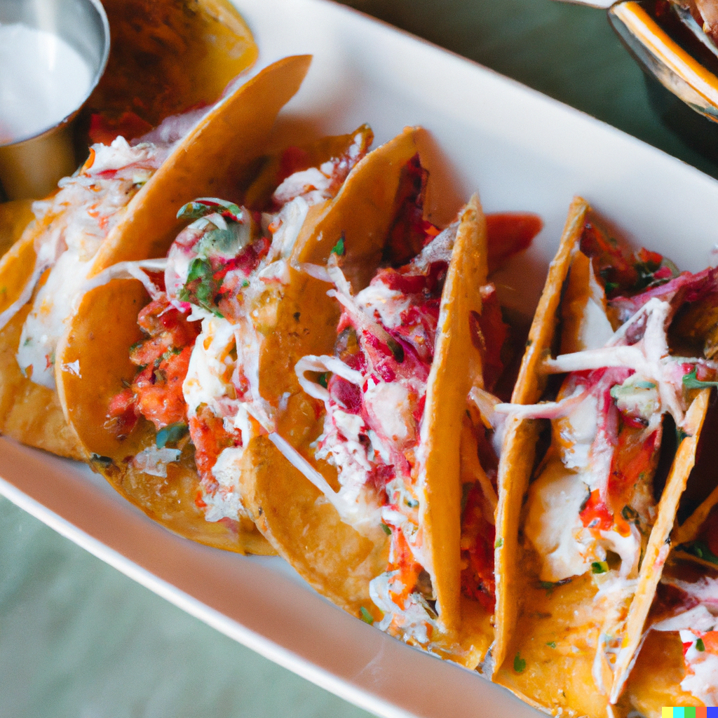 Live king crab tacos in warm tortillas topped with avocado, mango salsa, chipotle aioli, and fresh cilantro on a wooden board