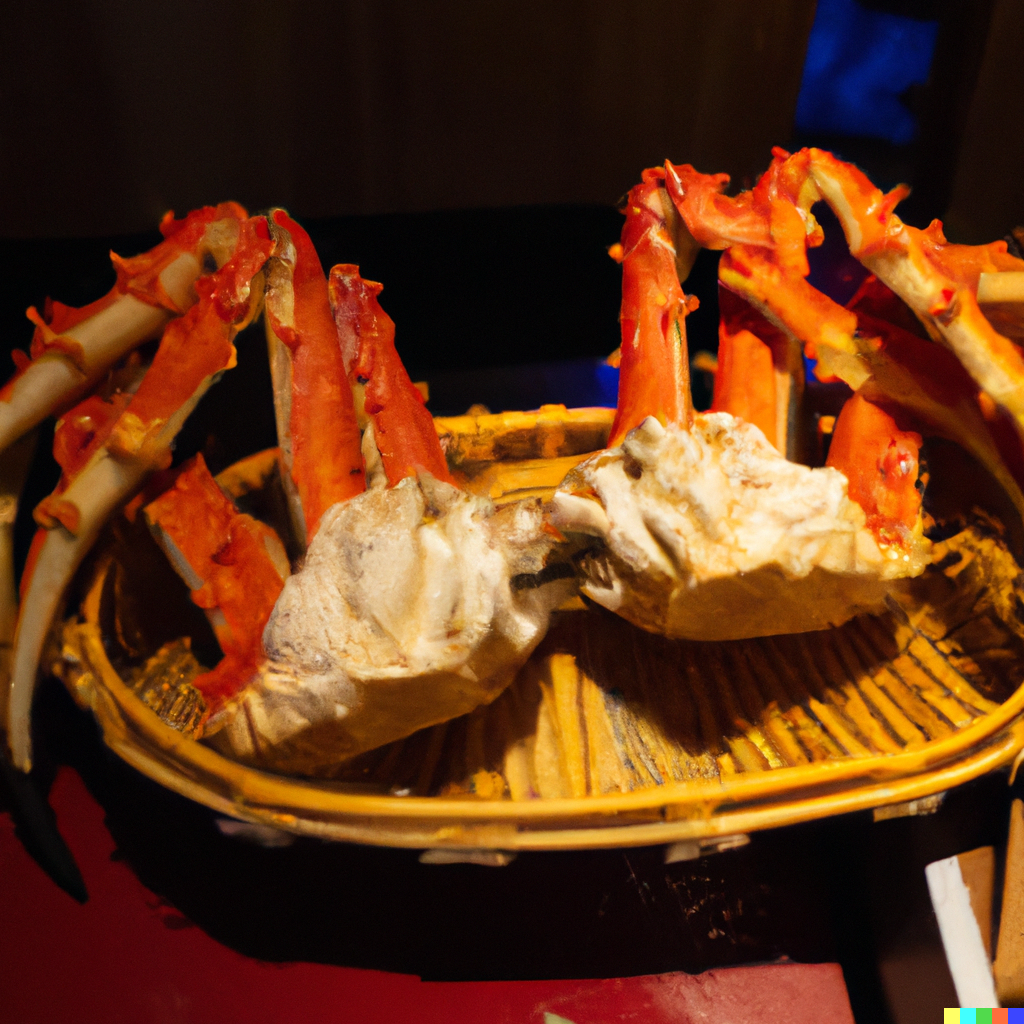 Steaming live king crab legs served at a Japanese seafood restaurant with miso butter dipping sauce
