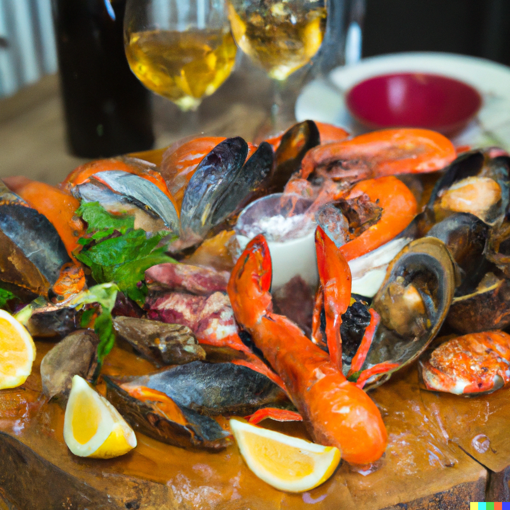 Luxurious seafood feast spread with King Crab legs, caviar, oysters, and lobster on a decorated table