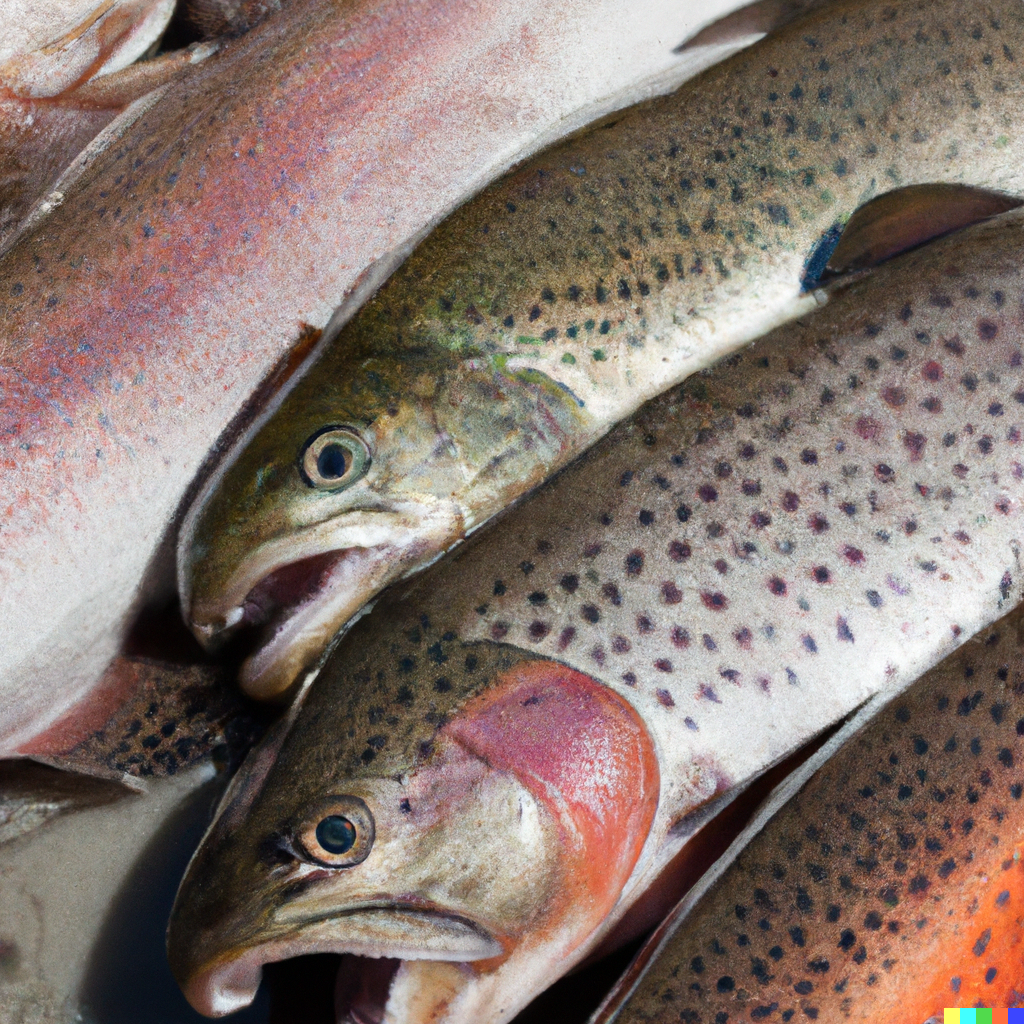 Whole rainbow trout with colorful iridescent skin on a wooden cutting board