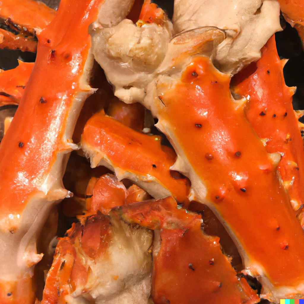 Colossal Alaskan red king crab legs on a serving platter with drawn butter, lemon wedges, and fresh herbs — the definitive luxury seafood presentation
