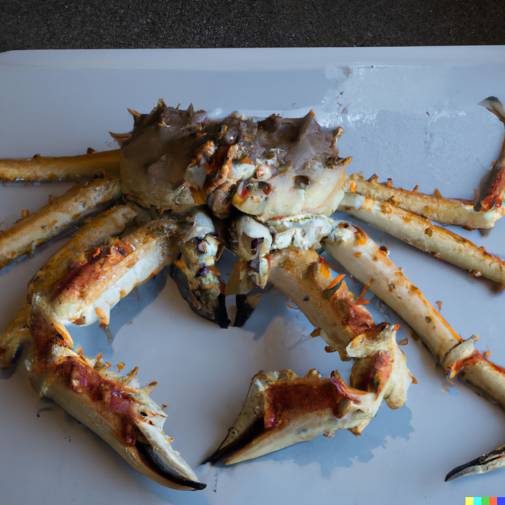 Fresh live king crab on a table ready for cooking with melted butter and lemon