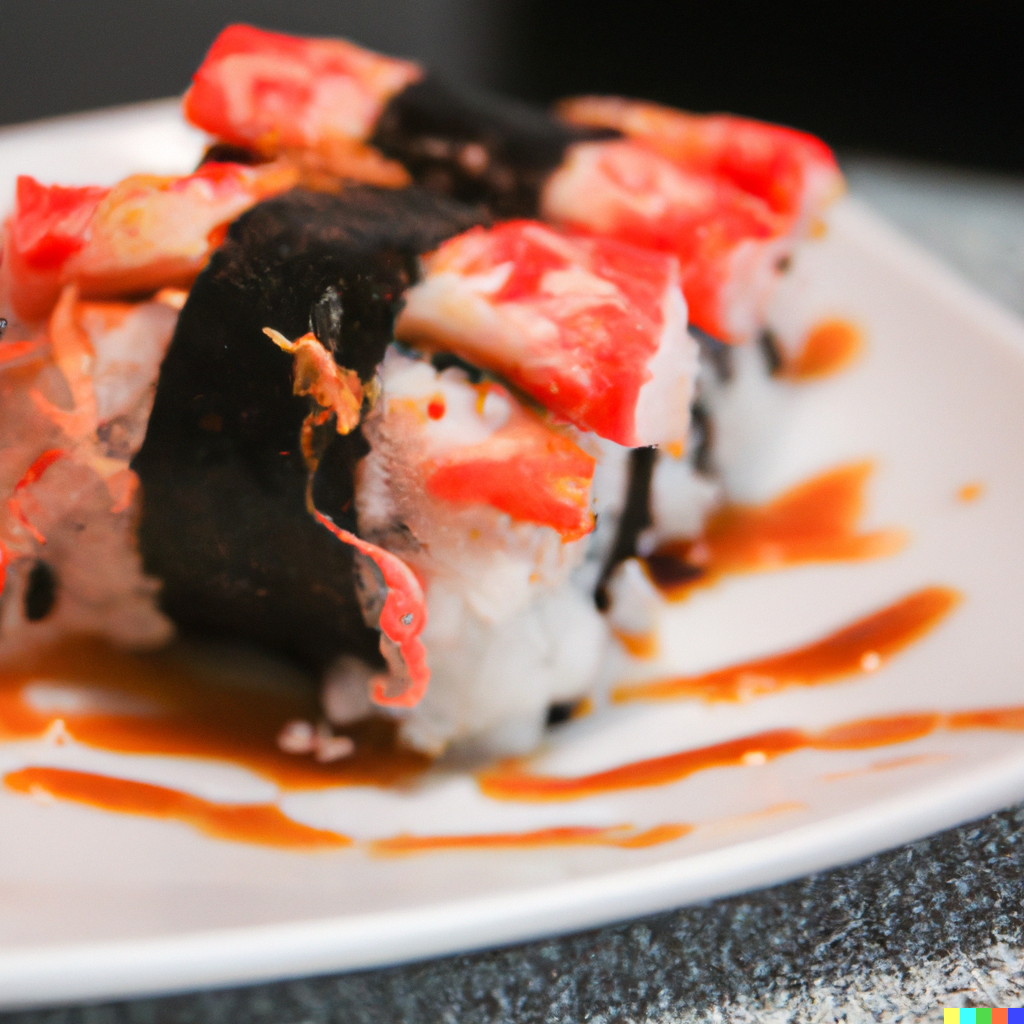 Freshly rolled king crab sushi rolls sliced and arranged on a dark slate board with soy sauce, wasabi, and pickled ginger