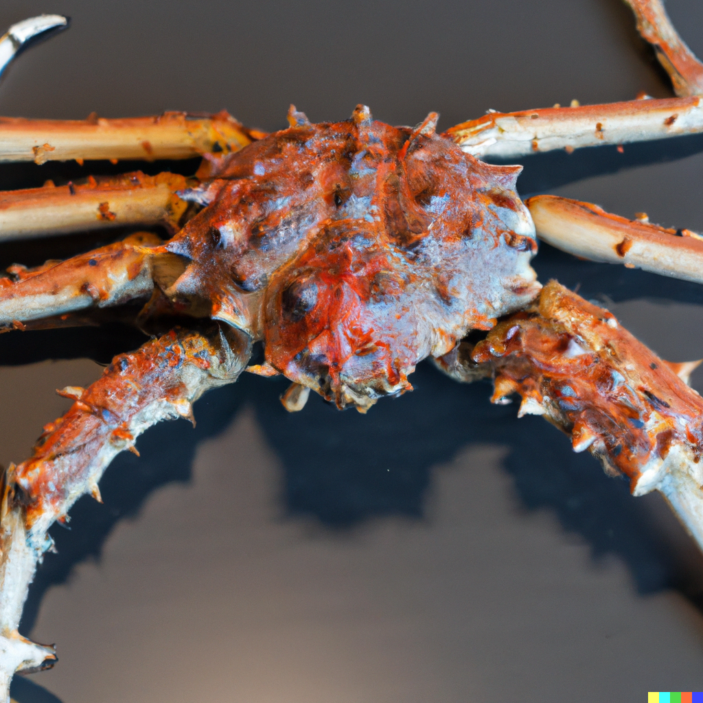 Live king crab legs arranged on a seafood platter with crushed ice, lemon wedges, garlic butter, and fresh herbs